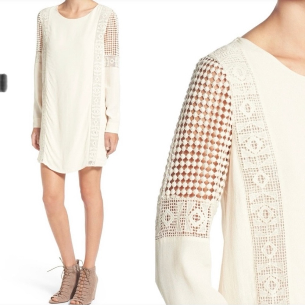 ASTR the Label Crochet Long Sleeve Mini Dress Small Lace Insert Lined Boho Chic